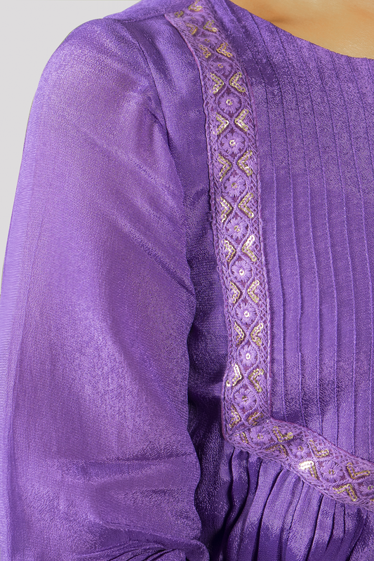 Purple stylish occasion wear dress for women with embroidered detailing and pleated design