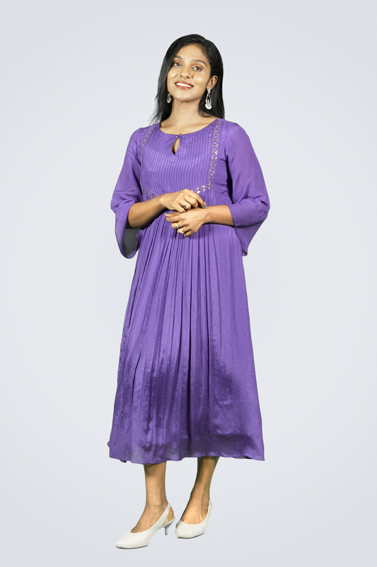 Jacinda purple stylish occasion wear dress for women with pleated design and three-quarter sleeves