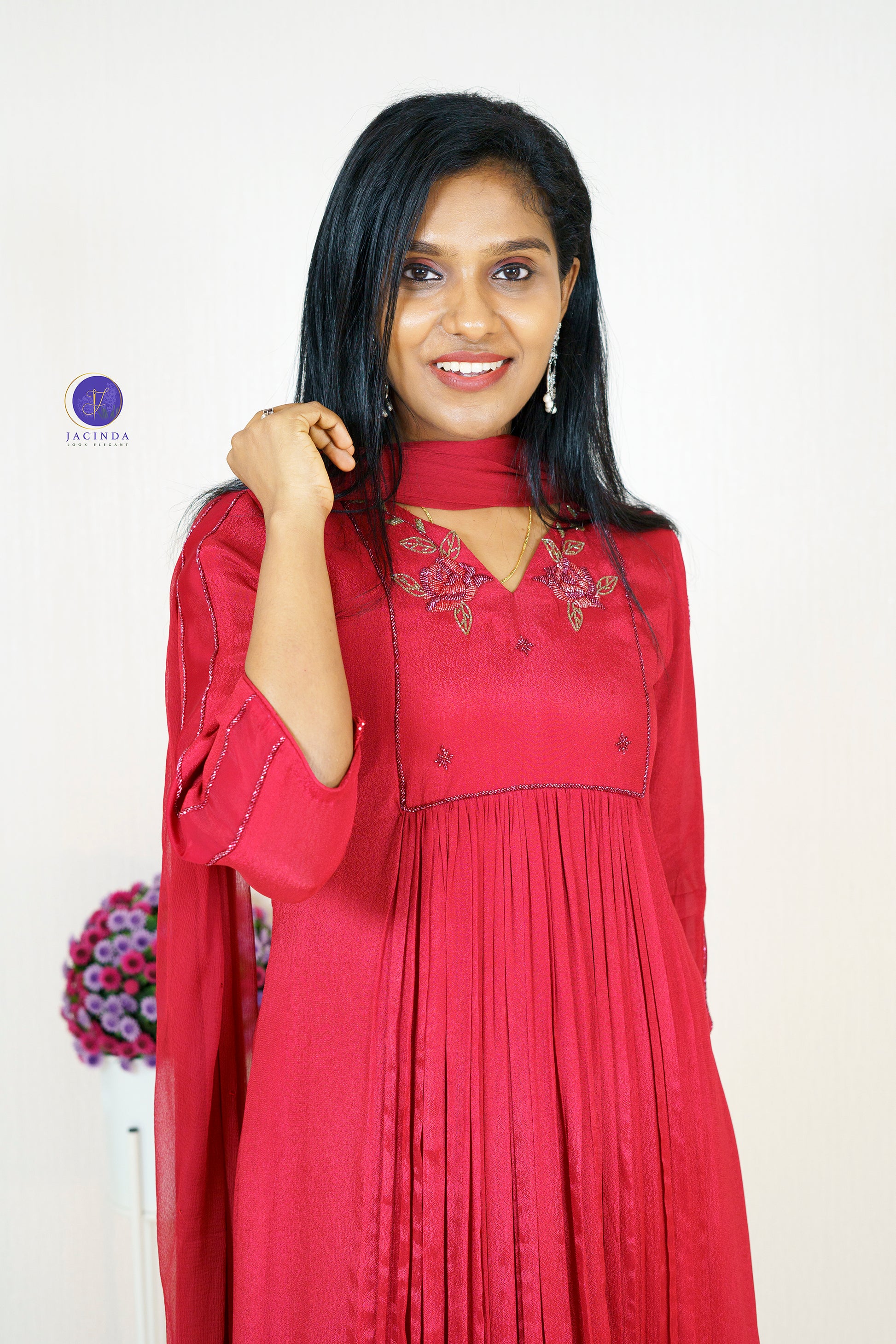 Jacinda premium collection Georgette Aline Party Wear Dress in vibrant red with embroidered neckline