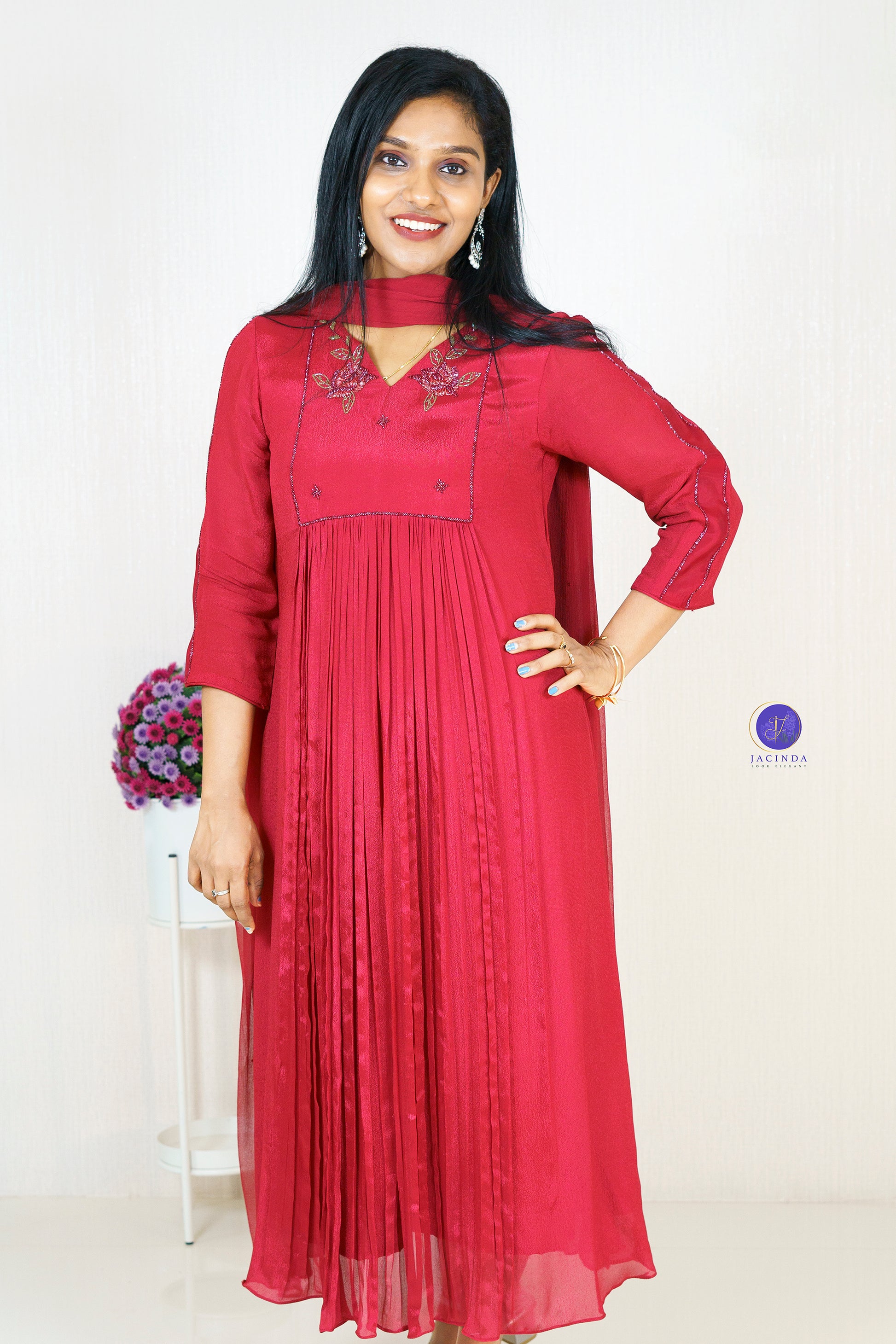 Jacinda Premium Collection Georgette Aline Party Wear Dress In red with embroidery and pleated design