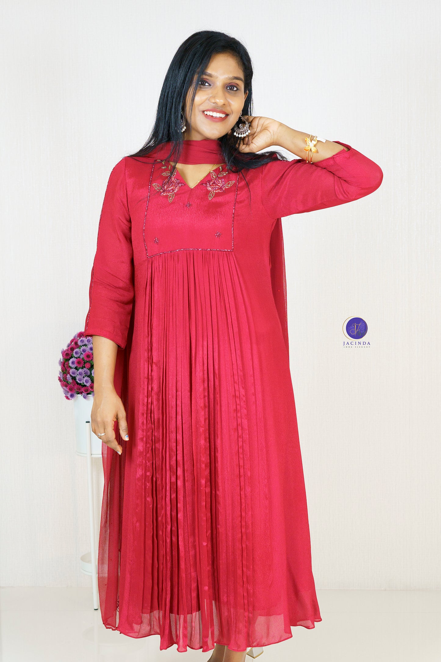 Jacinda premium collection Georgette Aline Party Wear Dress in deep red with pleated design and embroidery