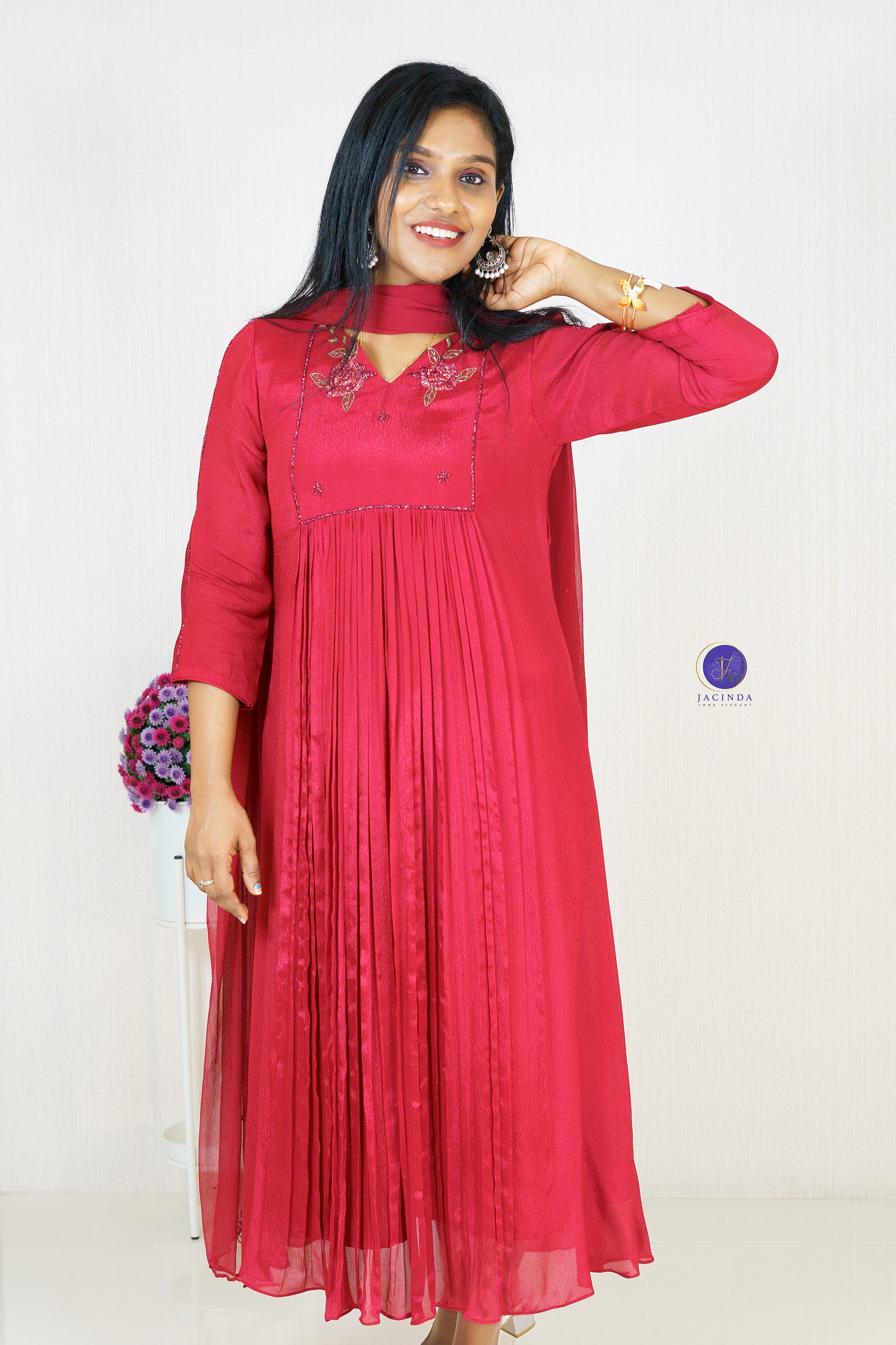 Jacinda premium collection Georgette Aline Party Wear Dress in deep red with pleated design and embroidery