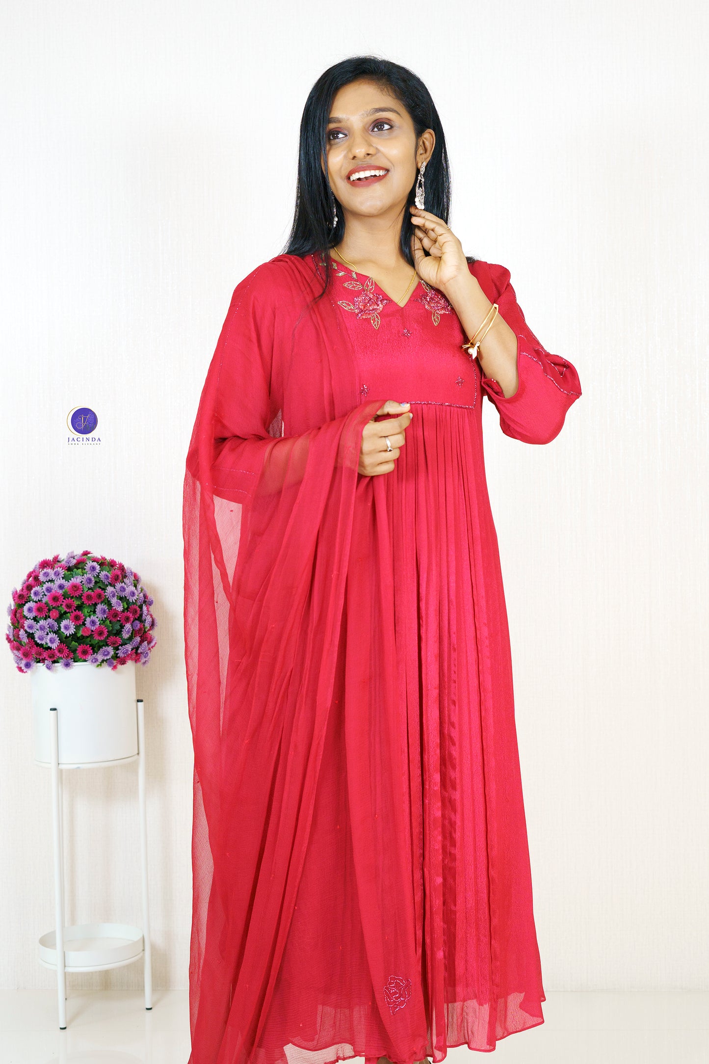 Jacinda premium collection Georgette Aline Party Wear Dress in vibrant red with embroidery details