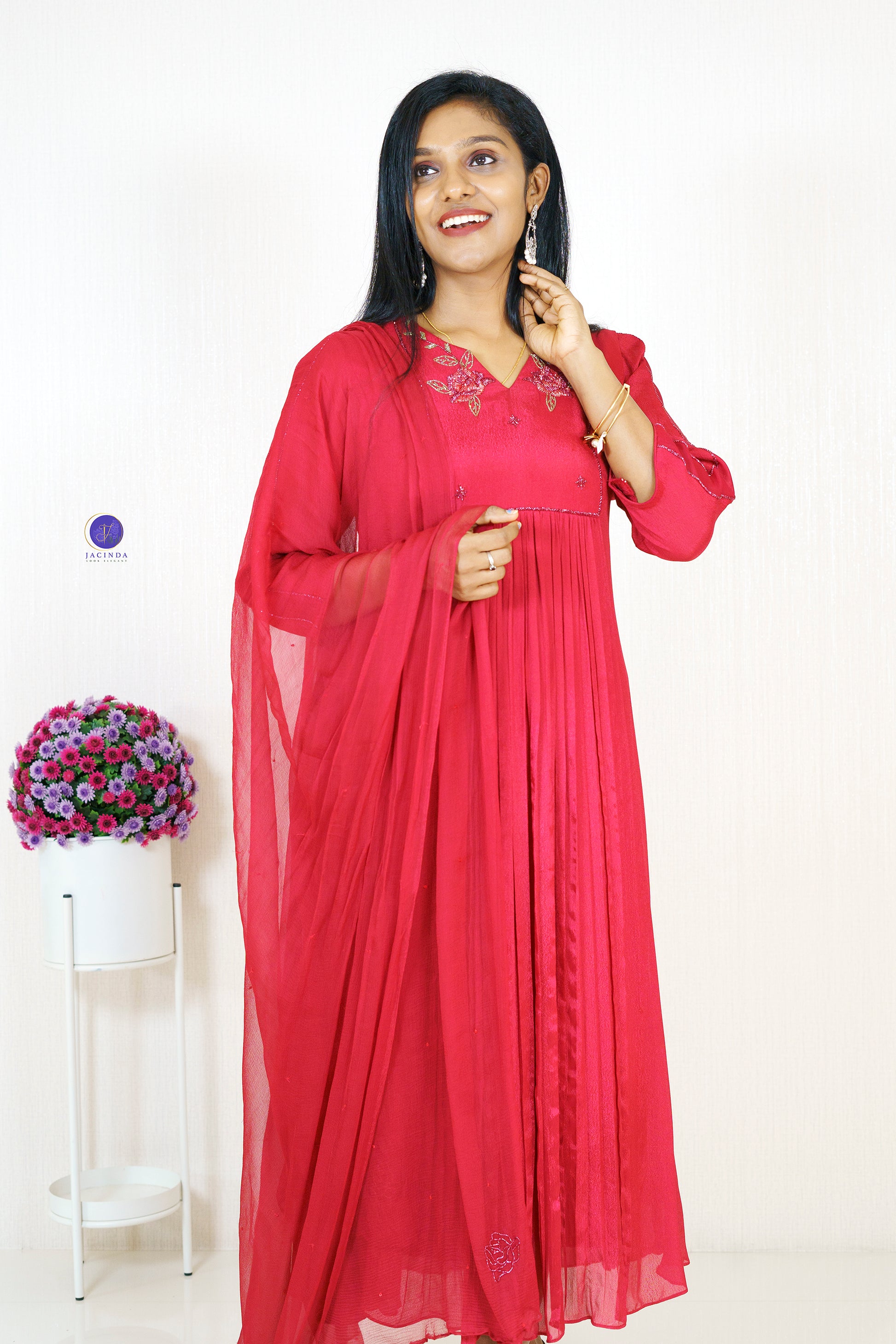 Jacinda premium collection Georgette Aline Party Wear Dress in vibrant red with embroidery details