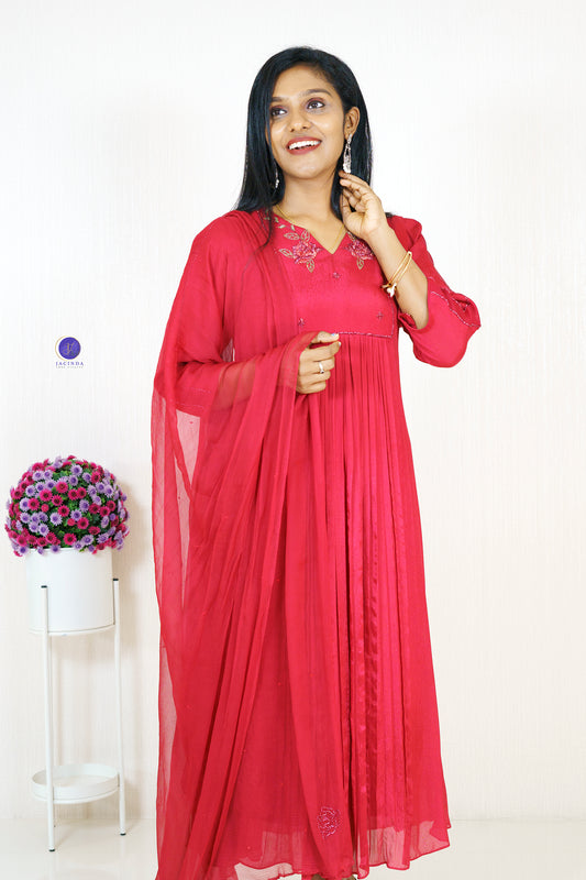 Jacinda premium collection Georgette Aline Party Wear Dress in vibrant red with embroidery details