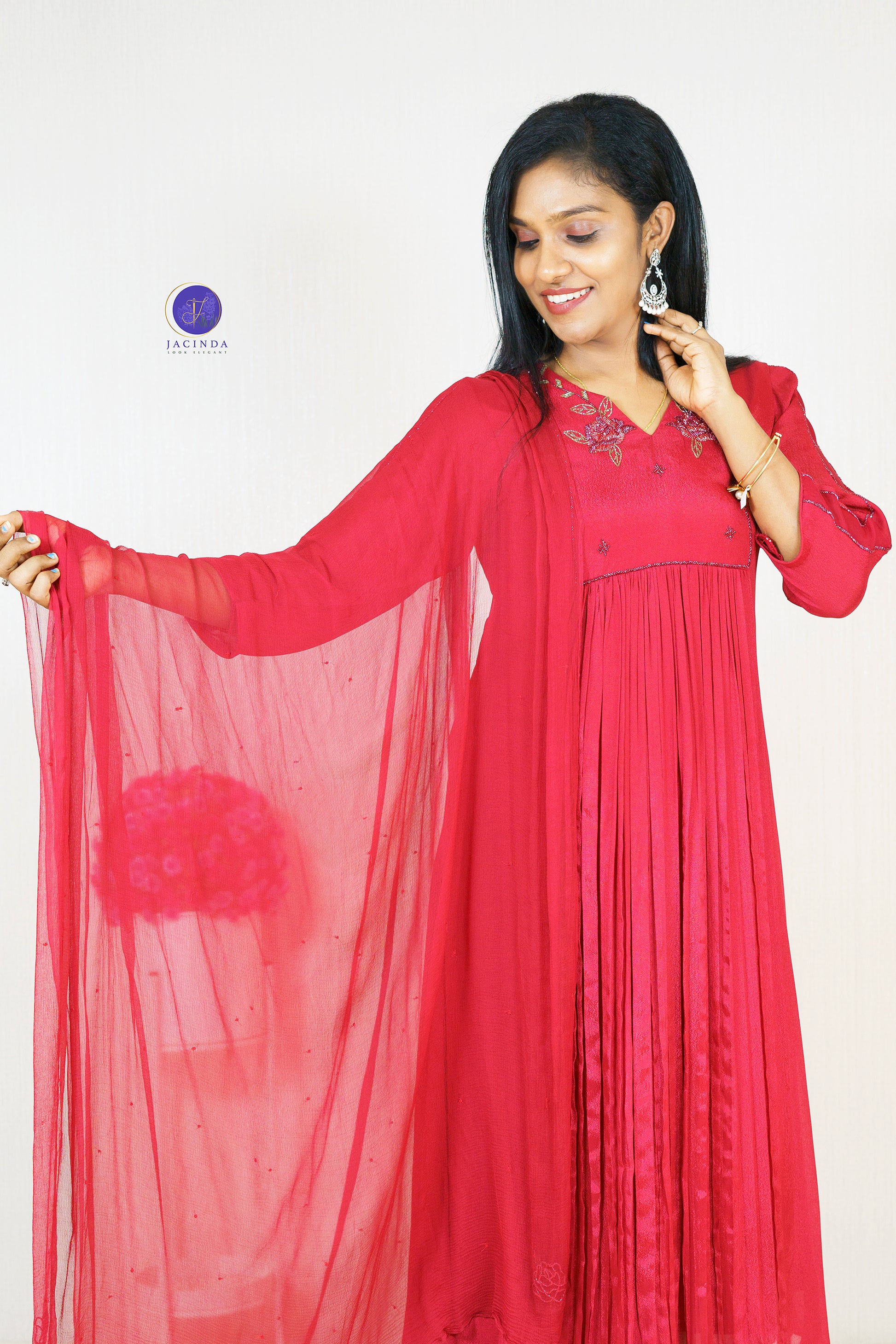 Jacinda premium collection Georgette Aline Party Wear Dress in vibrant red with sheer dupatta and embroidery