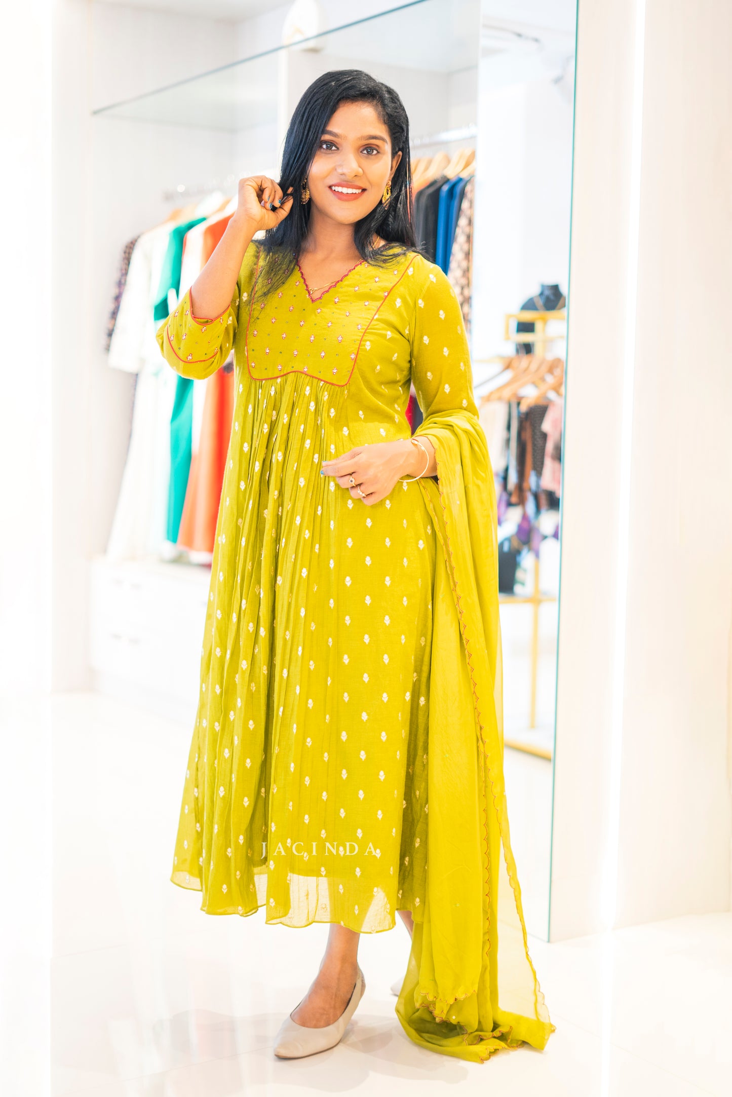 Jacinda women's chanderi party set in bright yellow with long sleeves and matching dupatta