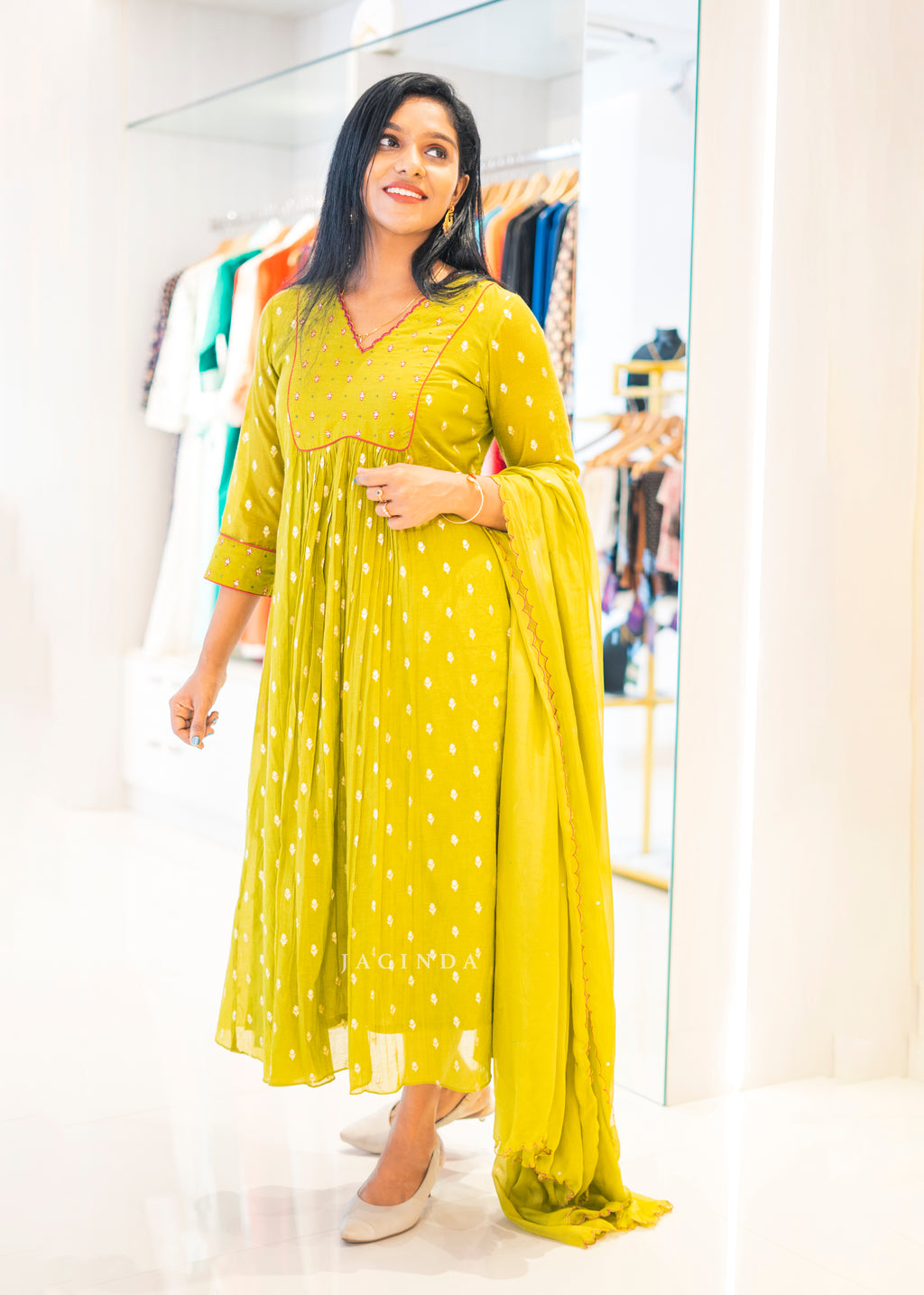 Jacinda women's chanderi party set in mustard yellow with intricate embroidery and matching dupatta