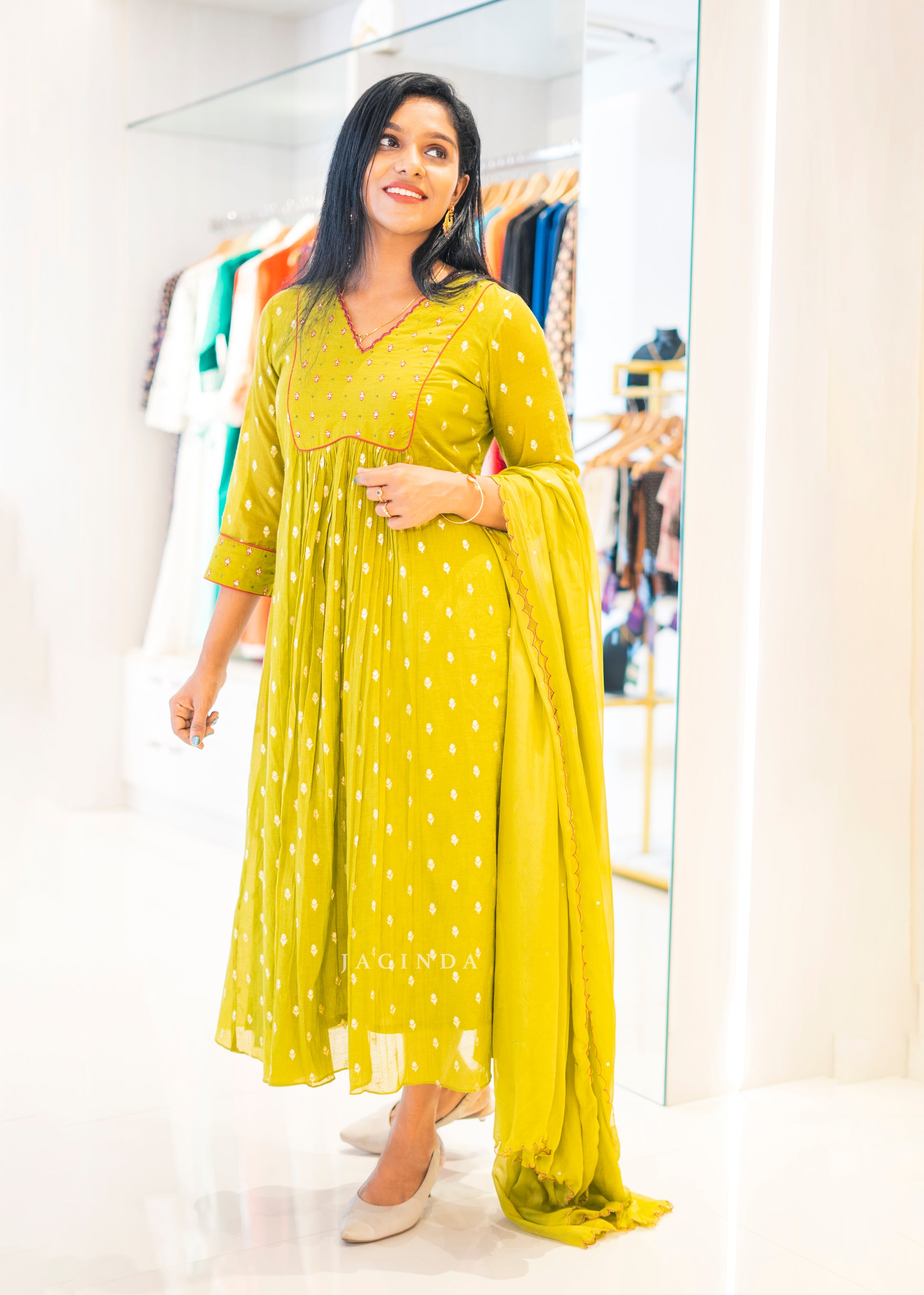 Jacinda women's chanderi party set in mustard yellow with intricate embroidery and matching dupatta