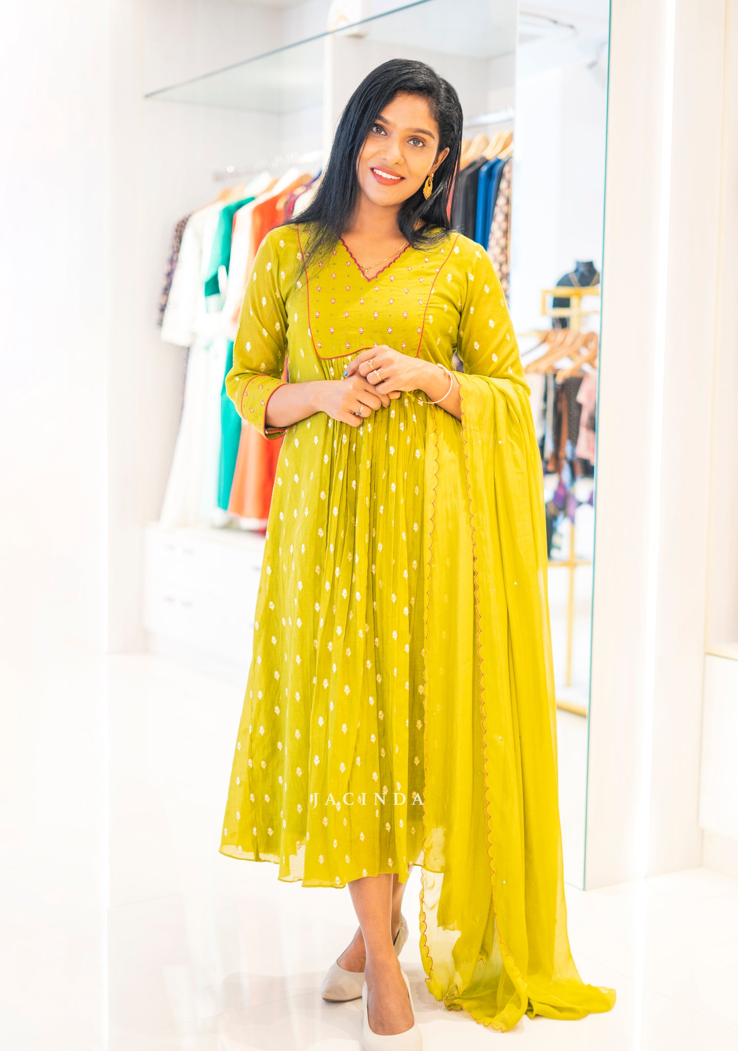 Jacinda women's chanderi party set in yellow with golden polka dots and matching dupatta
