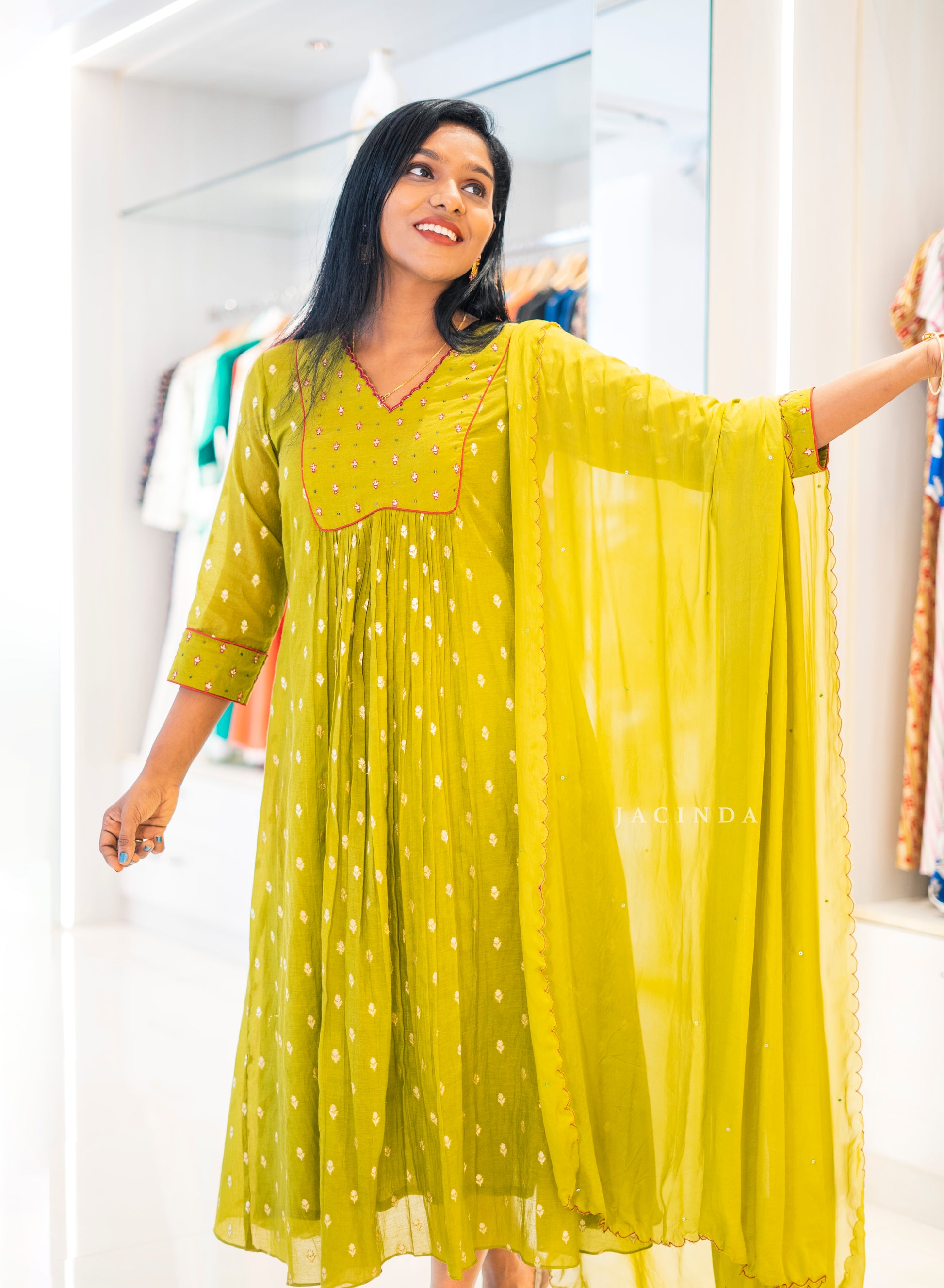 Jacinda women's chanderi party set in lime green with gold motifs and matching dupatta