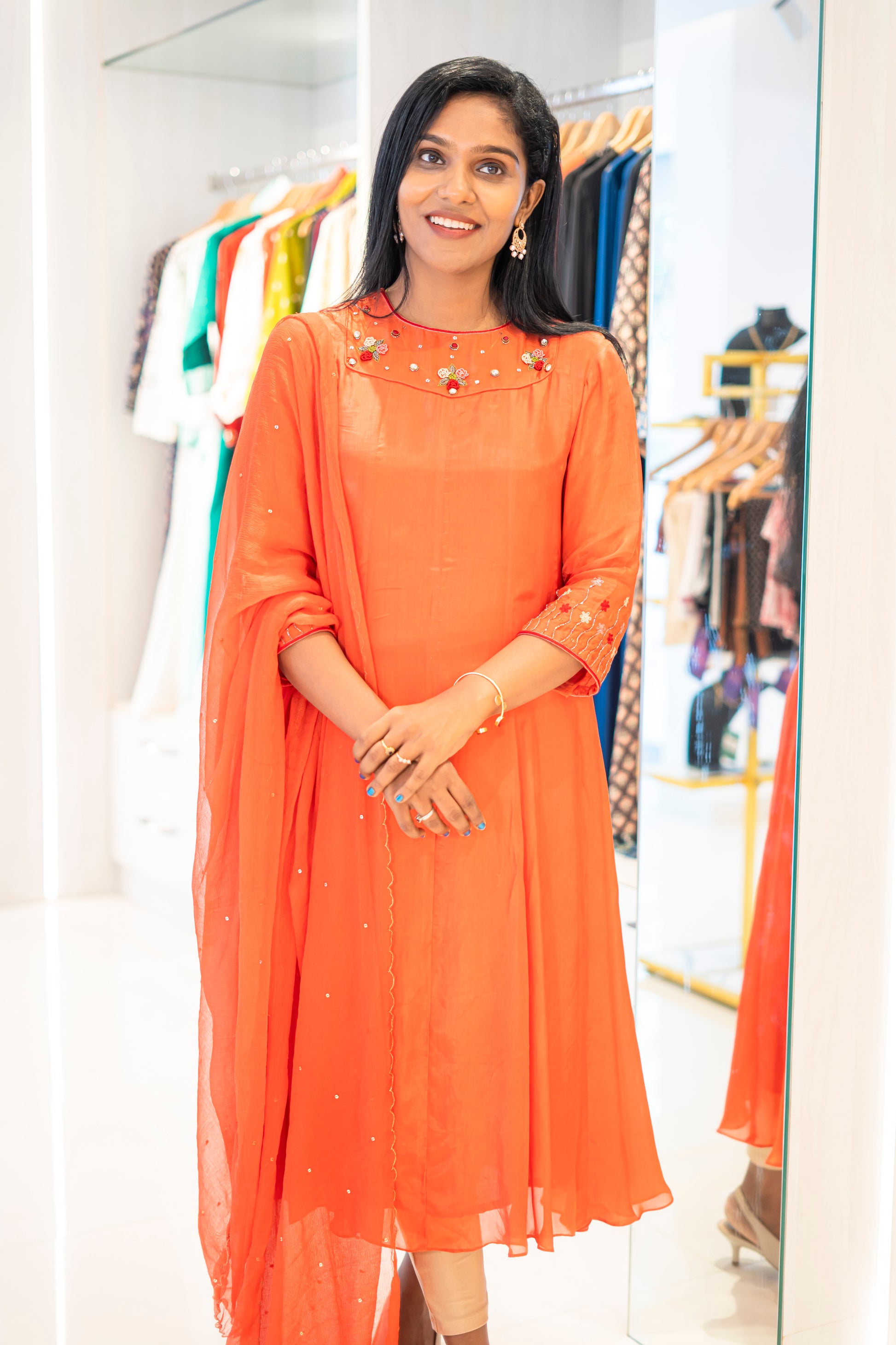 Jacinda premium collection women's silk party wear set in vibrant orange with delicate embroidery