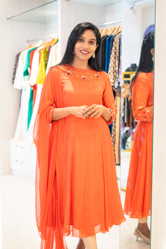 Jacinda premium collection women's silk party wear set in vibrant orange with elegant embroidery
