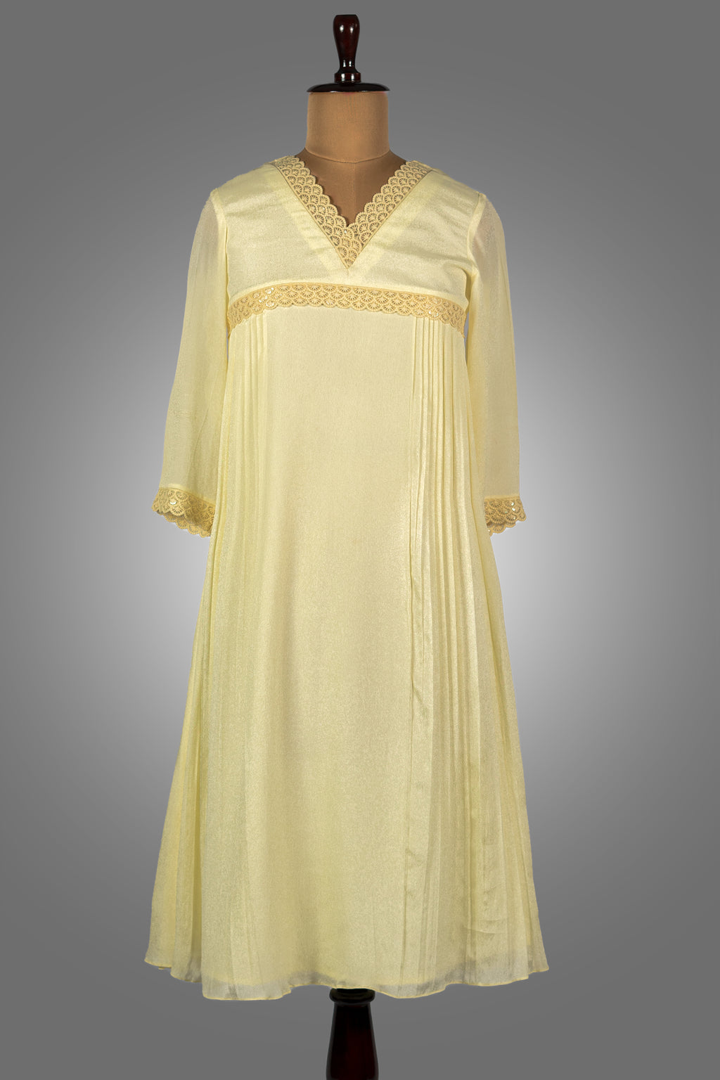 Elegant Jacinda yellow aline dress for women online with lace trim and 3/4 sleeves