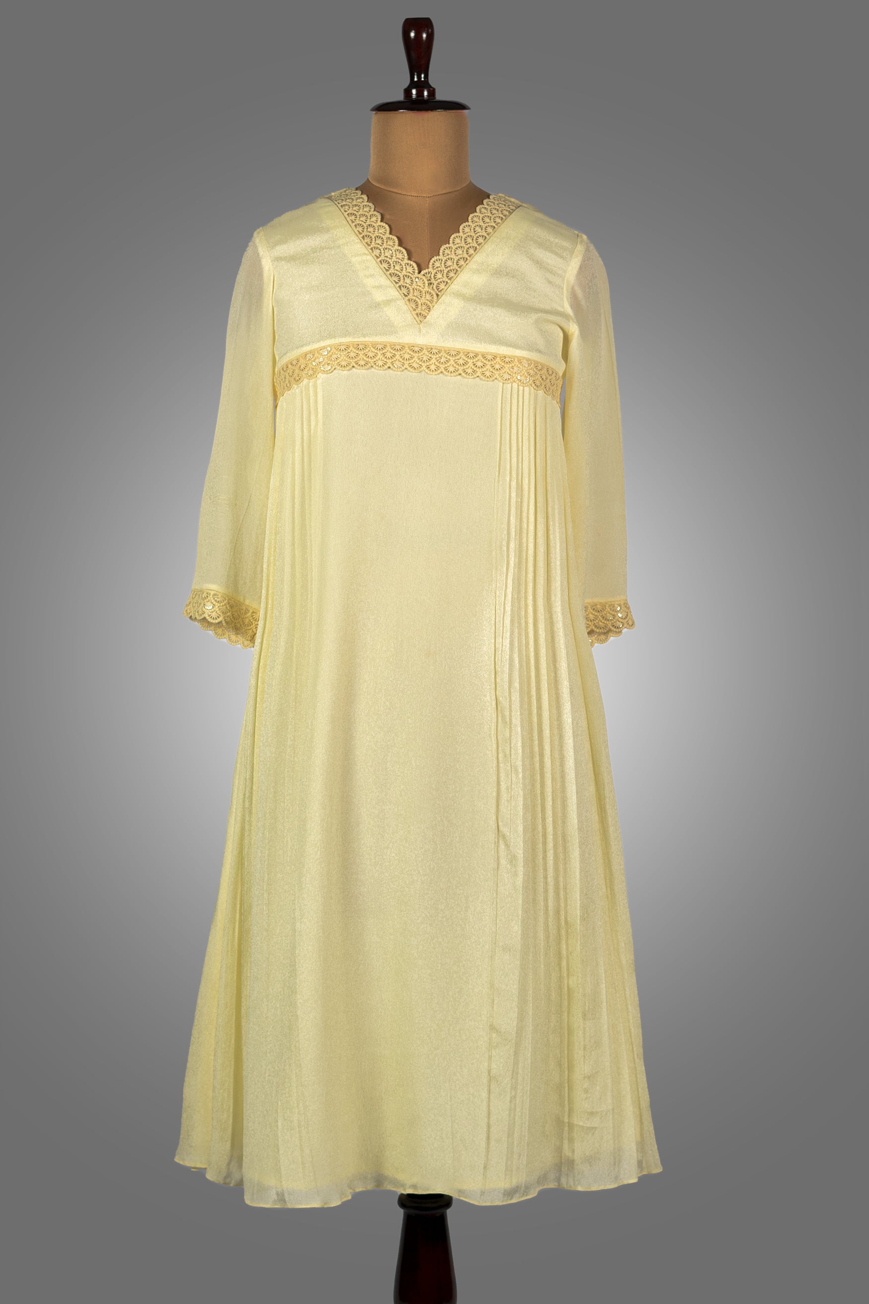 Elegant Jacinda yellow aline dress for women online with lace trim and 3/4 sleeves