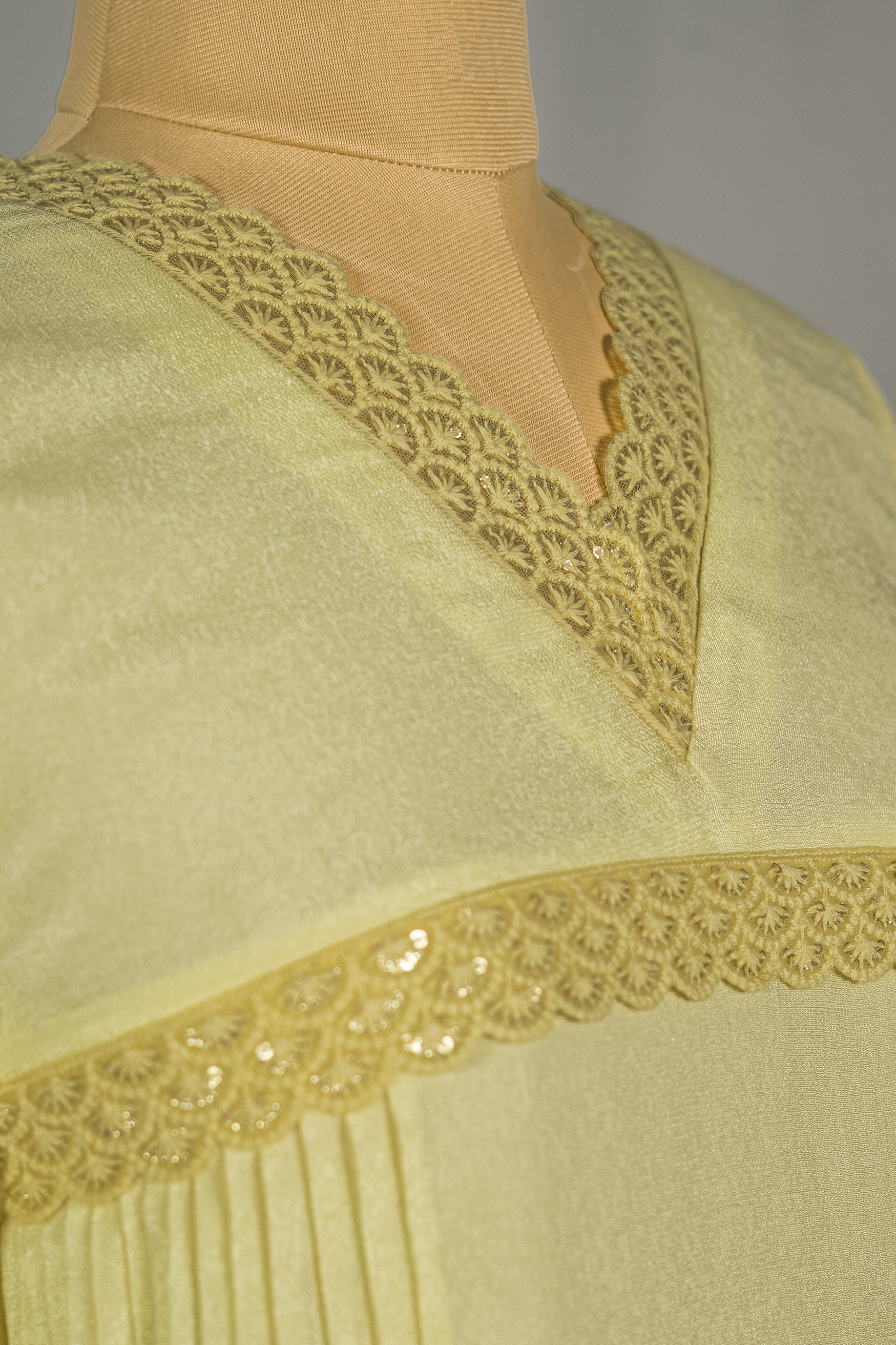 Jacinda yellow aline dress for women online with decorative lace detailing and pleated design