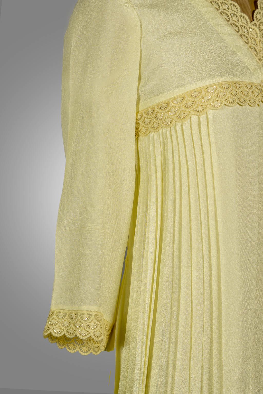 Jacinda yellow aline dress for women online with pleated detailing and lace accents