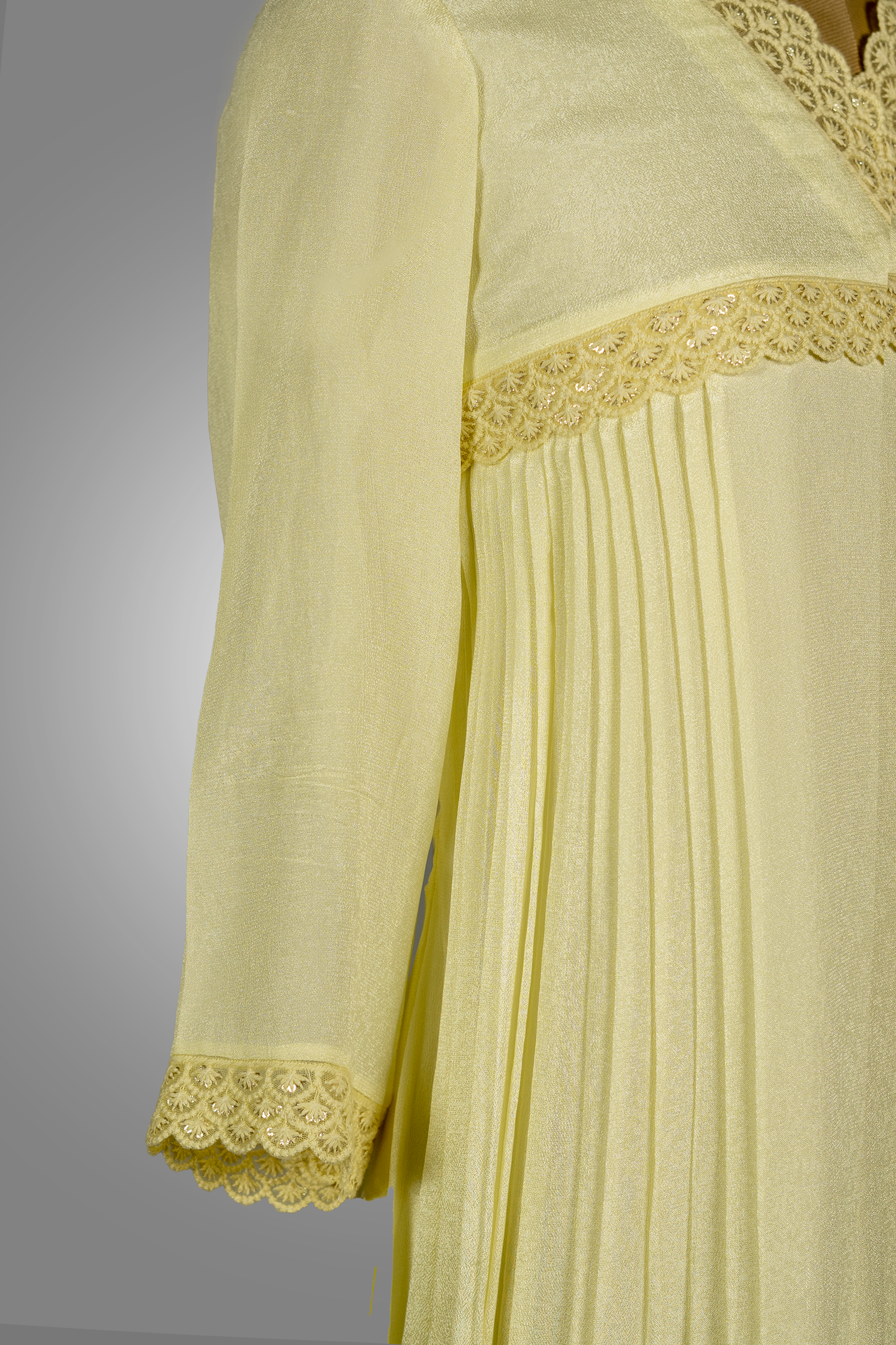 Jacinda yellow aline dress for women online with pleated detailing and lace accents